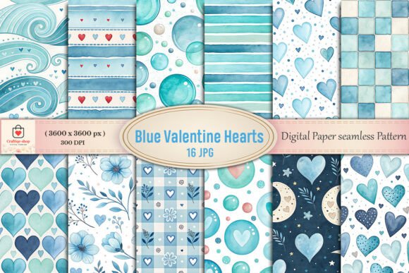Blue Watercolor Valentine Hearts Seamless Design
