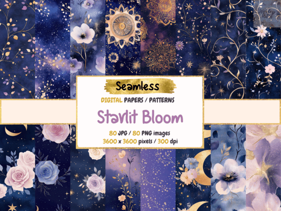 Starlit Bloom Seamless Digital Papers: A Celestial and Floral Design Solution