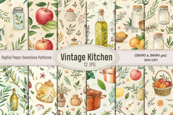 Watercolor Vintage Kitchen Seamless Patterns: A Creative Staple for Designers and Craft Enthusiasts